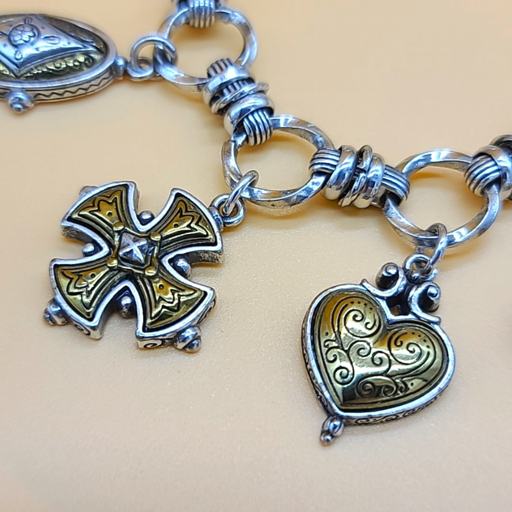 $110 Brighton "CHERISH" Multi Two-Tone Cross, Moon, & Heart Charm Bracelet RARE - Picture 4 of 11
